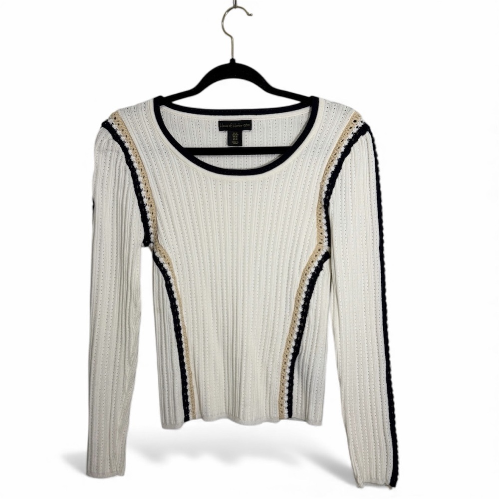 House of Harlow Pointelle Sweater Women Medium White Crochet Knit Delicate Scoop